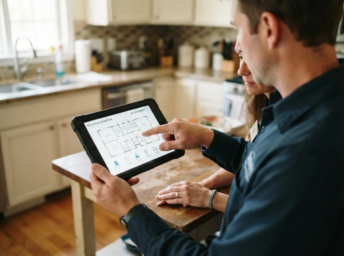 Water damage restoration technician inspecting a home in Faribault, MN